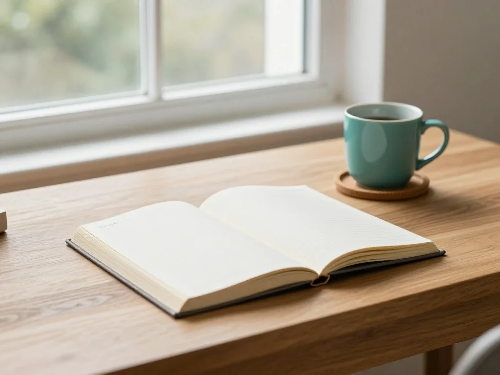 Bureau de lecture en bois clair avec livre ouvert, carnet et café pour un moment d'étude.